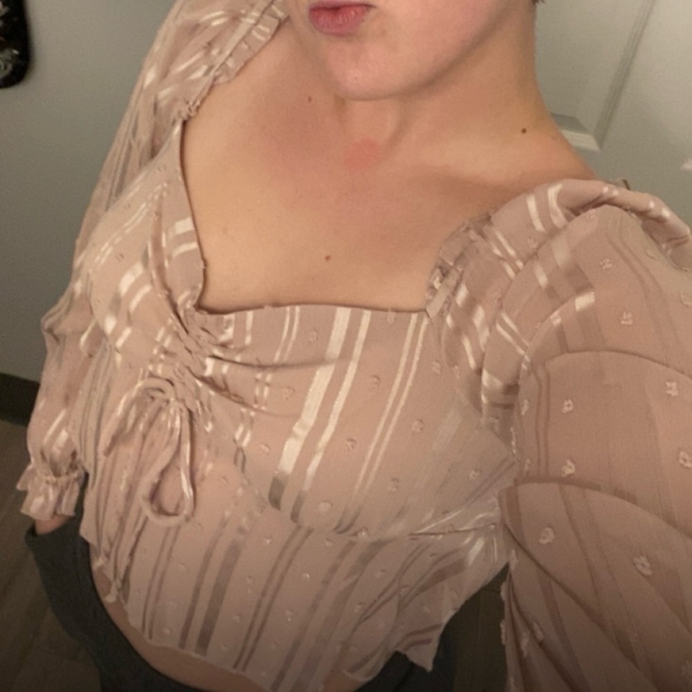 square-neck, tie-front, sheer long-sleeve blouse